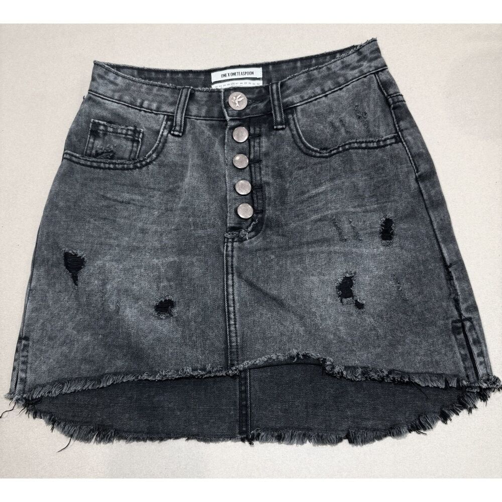 One Teaspoon Washed Black High Low Frayed‎ Denim Skirt 26 Distressed Grunge Y2K